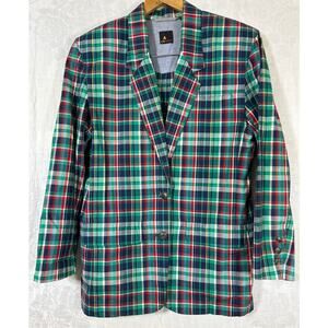 Liz Sport Vintage Blazer Medium Green Red Plaid Lightweight Cotton
